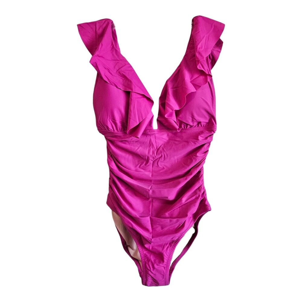 J. Crew Women's 8 Swimsuit 1 Piece V-Neck Ruffled Ruched Radiant Fuchsia NEW NWT
